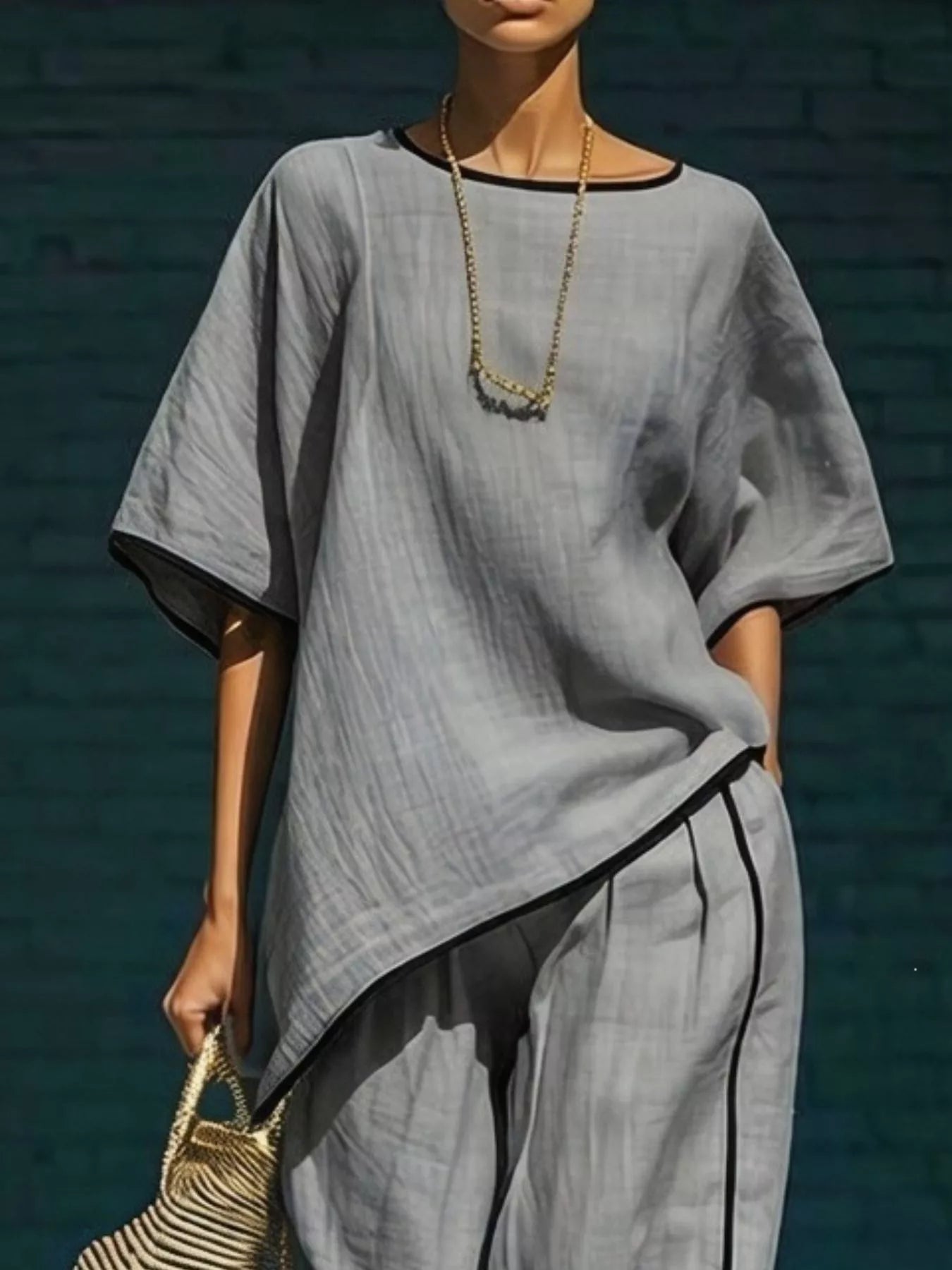 Contrast Trim Round Neck Top & Trousers Co-ord Set