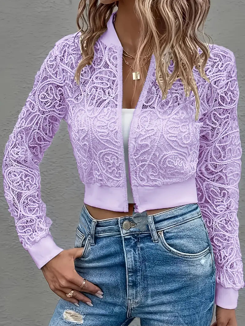 Women's spring lace embroidered bomber jacket in blue, three-quarter view