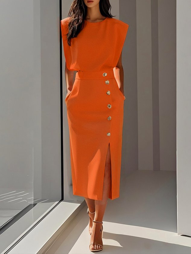 Solid Midi Dress with Button Slit
