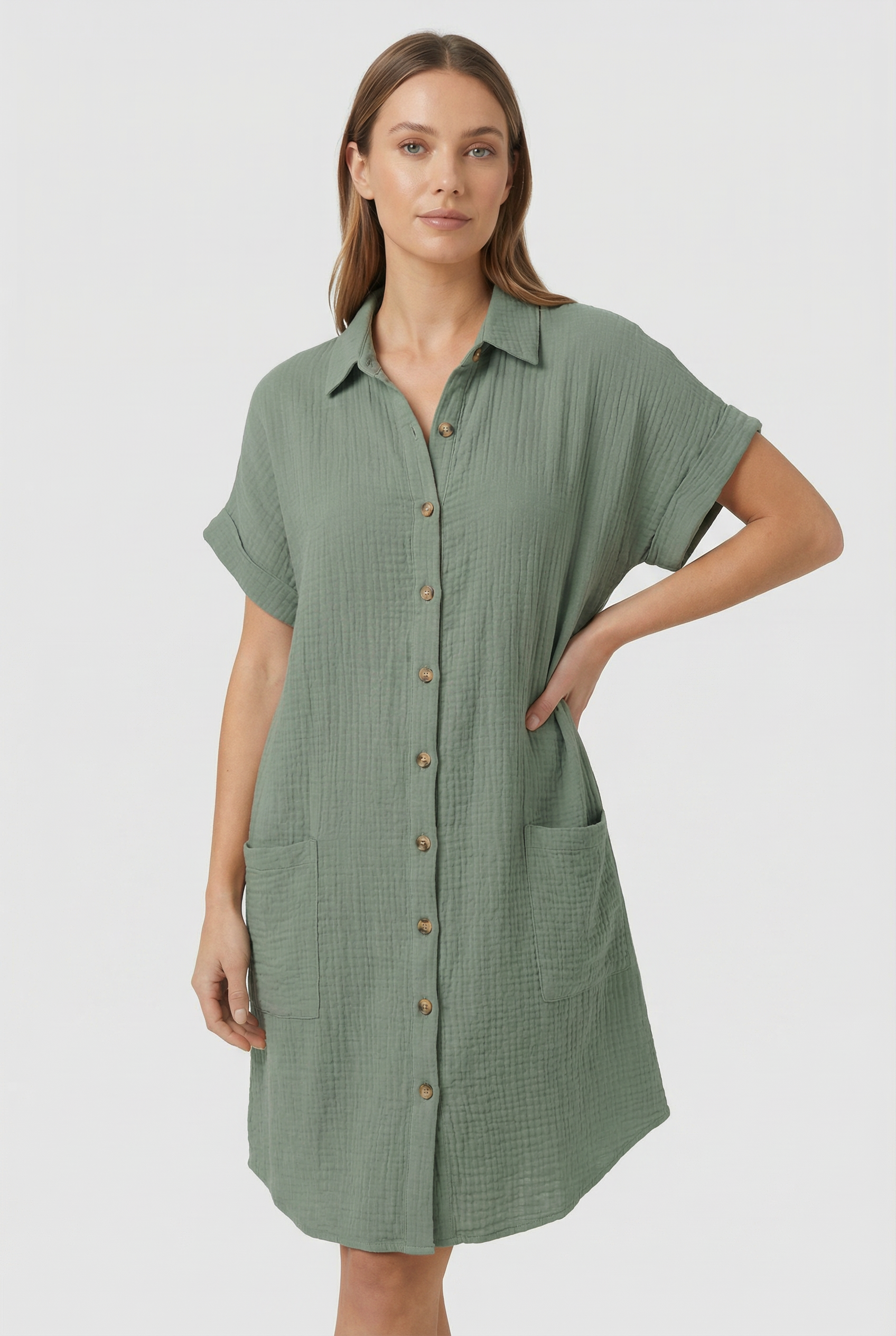 Women's Cotton Blend Short Sleeve Shirt Dress