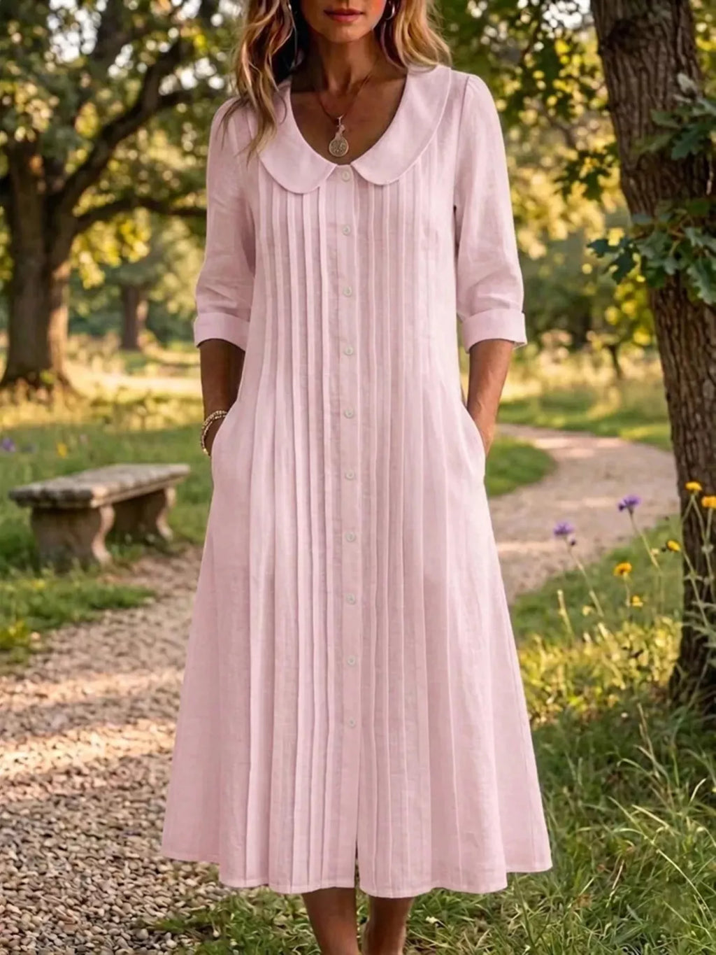 Peter Pan Collar Plus Size Shirt Dress with Button-Down Front