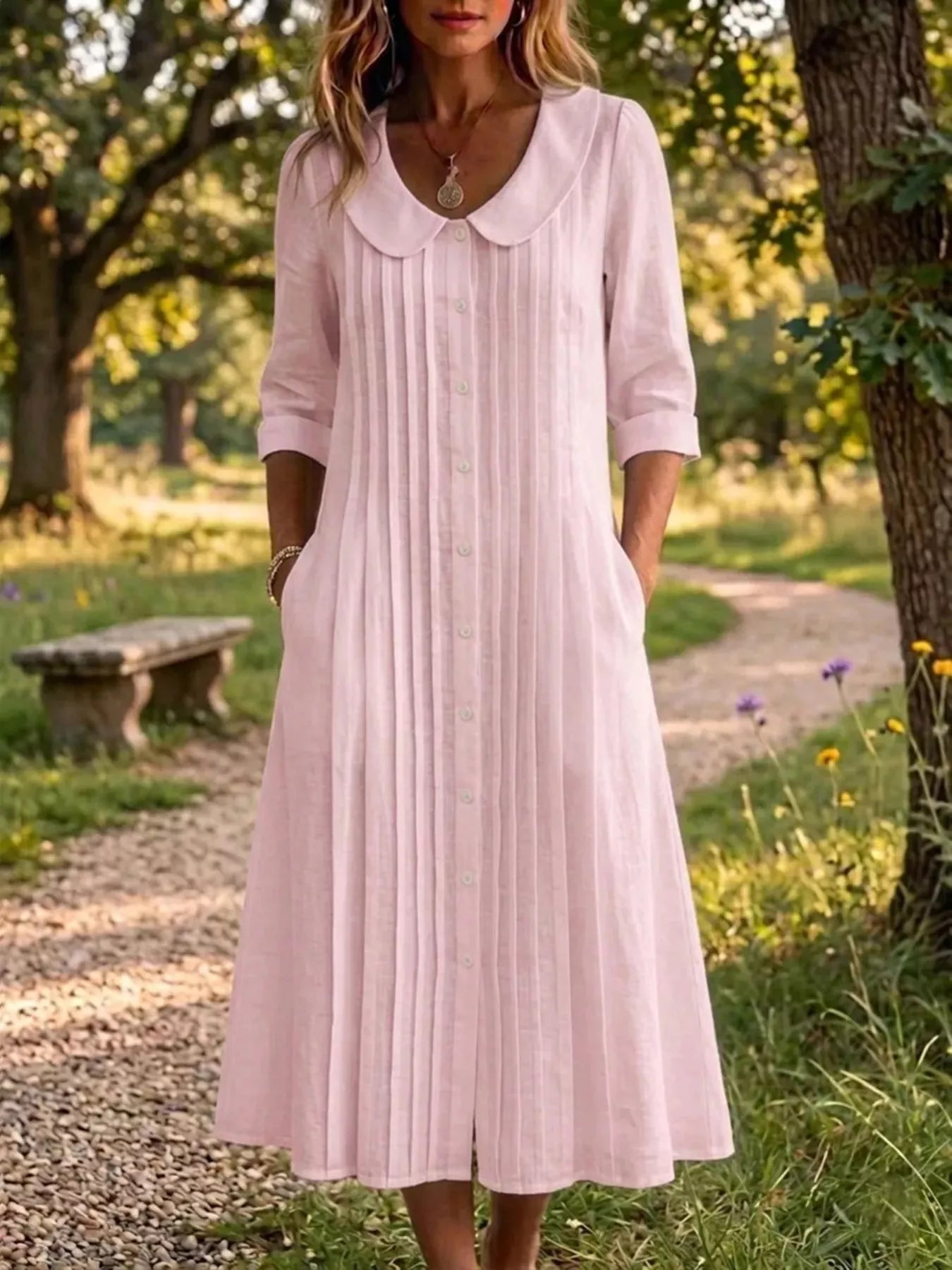 Peter Pan Collar Plus Size Shirt Dress with Button-Down Front