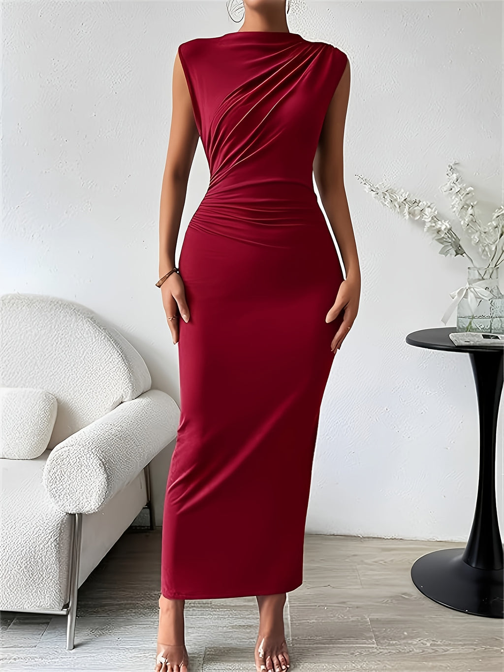 Sleeveless Ruched Bust Pencil Midi Dress