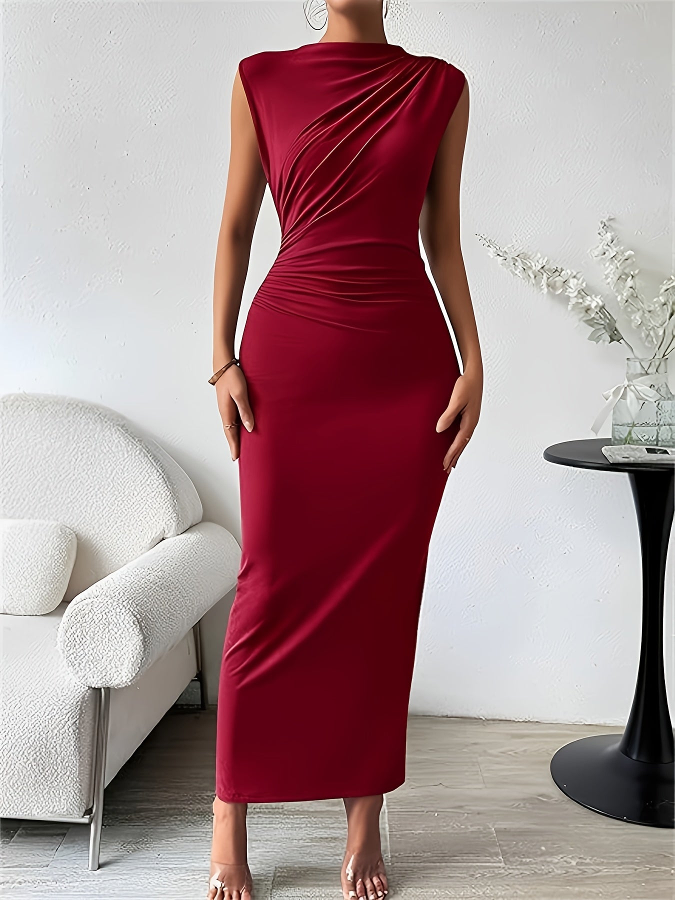 Sleeveless Ruched Bust Pencil Midi Dress