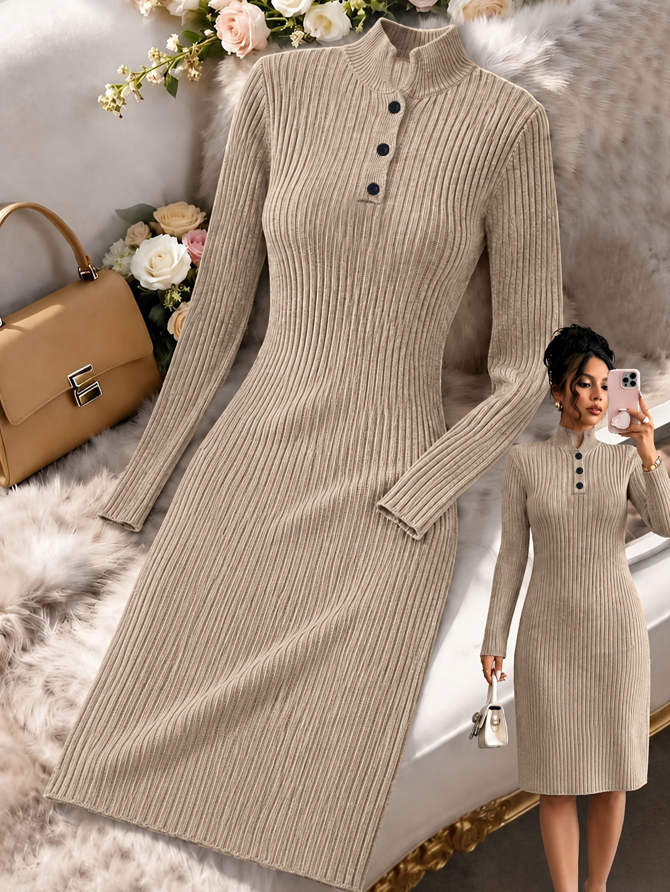 Khaki Ribbed Knit V-Neck Midi Dress
