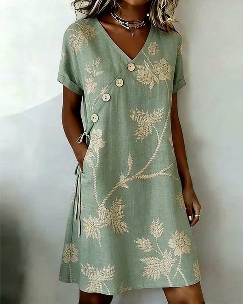 Diagonal button print V-neck short sleeve midi dress in green, front view