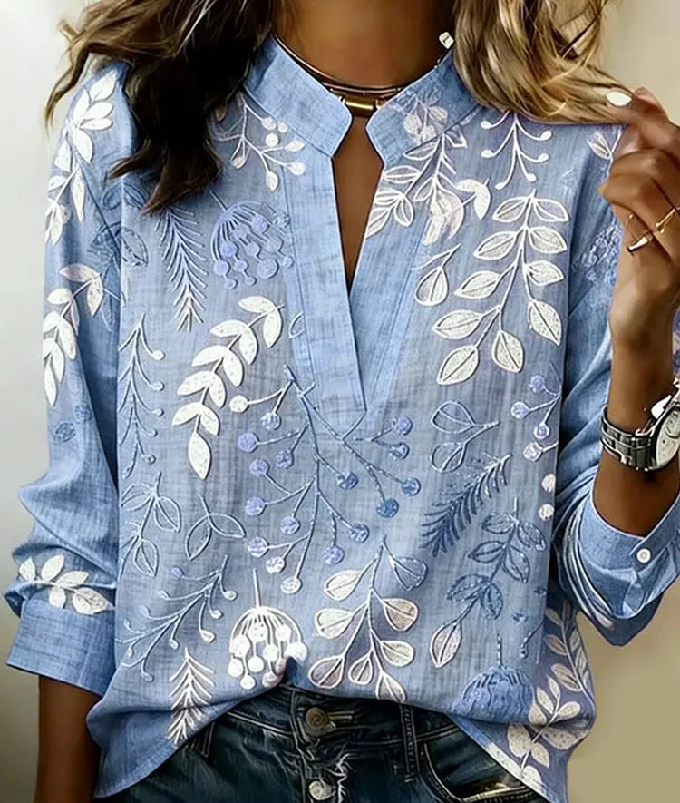V-neck embroidered shirt in lavender, delicate botanical embroidery | Alba Muse