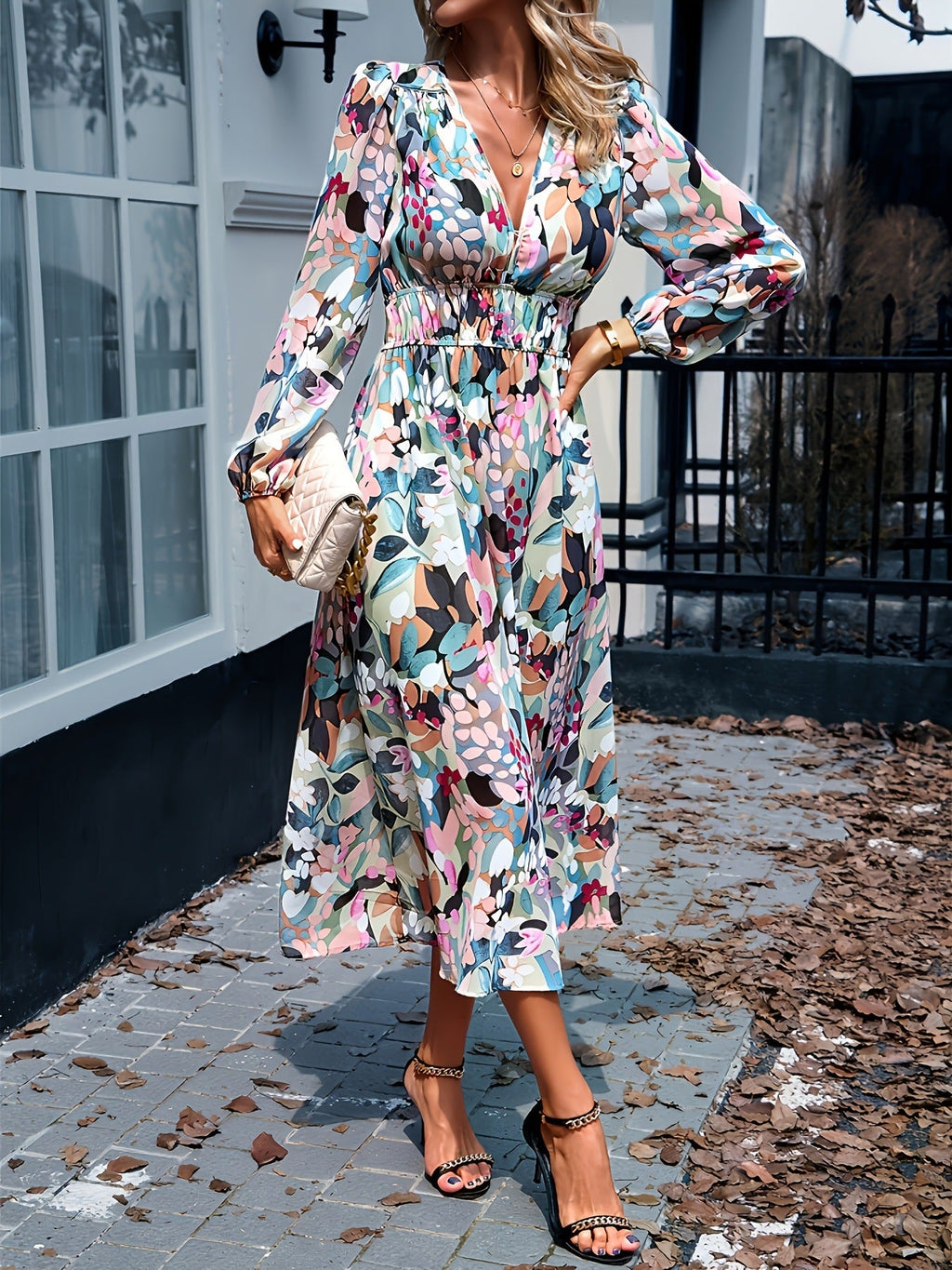 Women's floral print long sleeve midi dress, fourth colourway side view