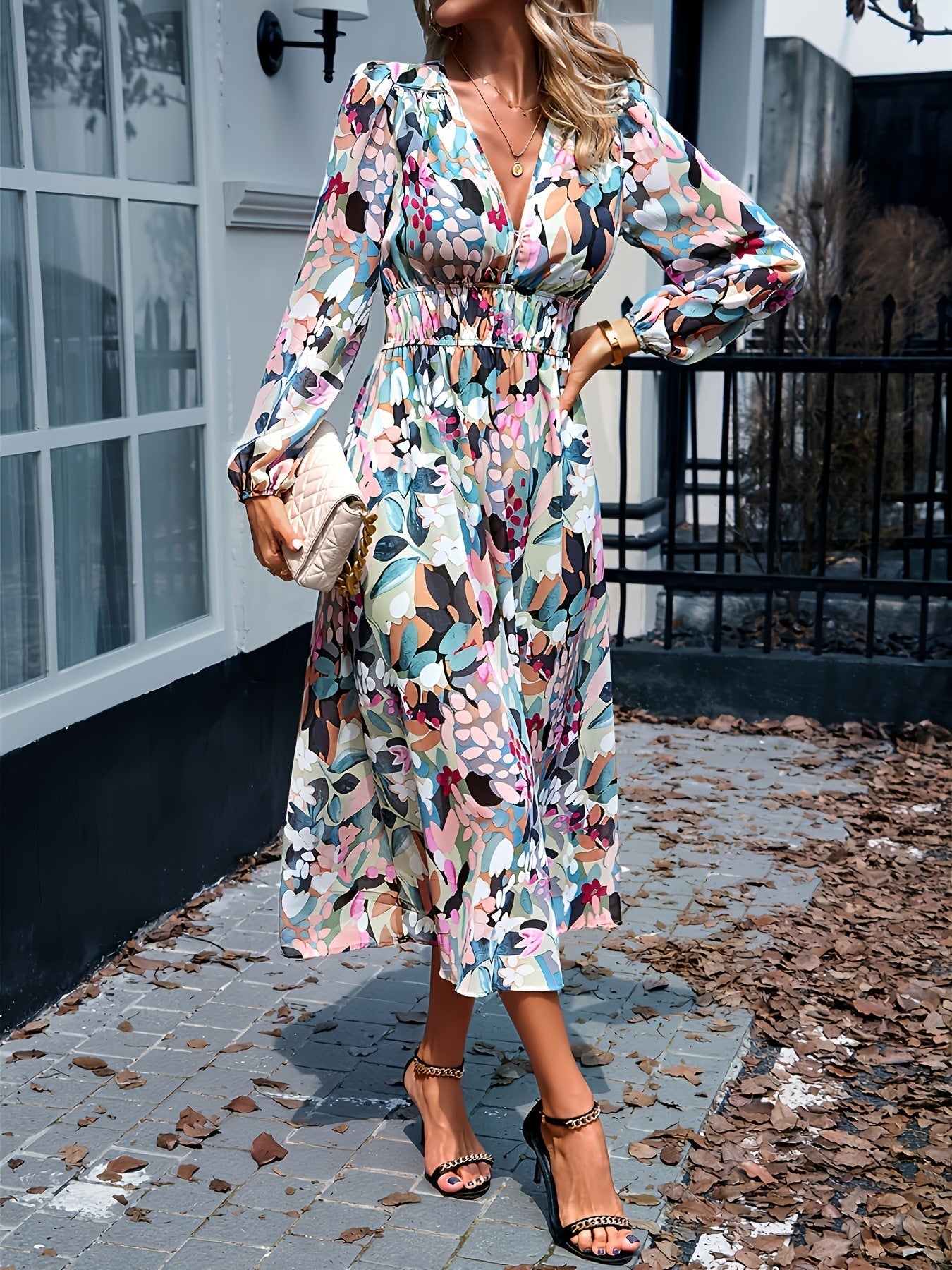 Women's floral print long sleeve midi dress, fourth colourway side view