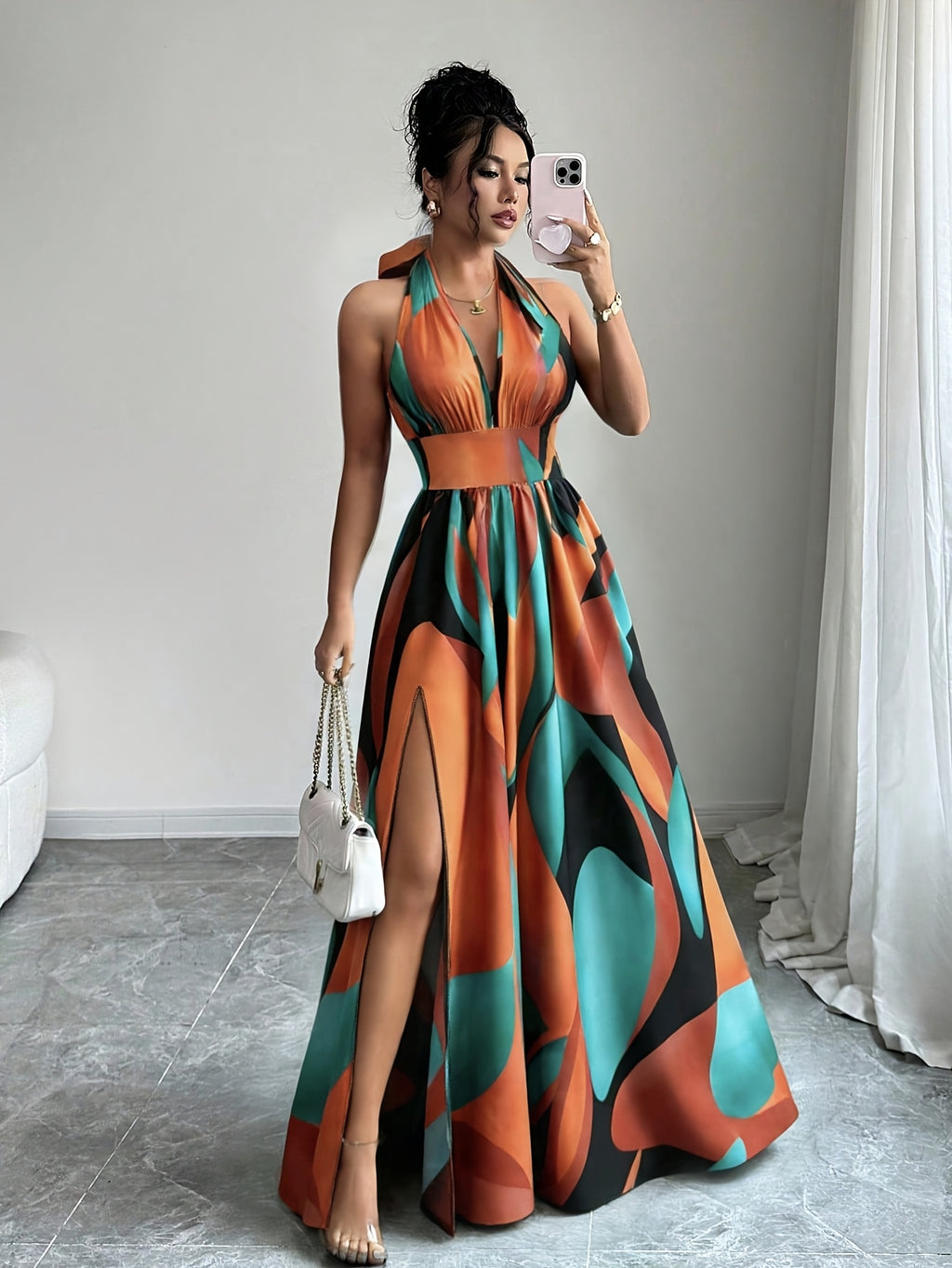 Boho Backless Sleeveless Floral Maxi Dress in Multicolour, full length view