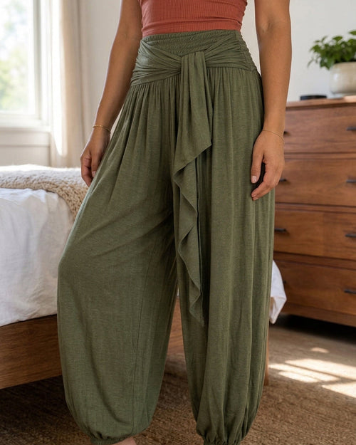 Army Green Cuffed Drawstring Balloon-Leg Trousers