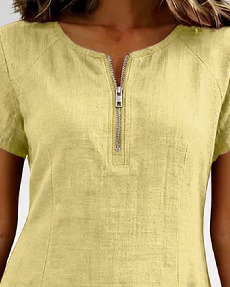 Round Neck Short Sleeve Pocket Zip Cotton Linen Dress