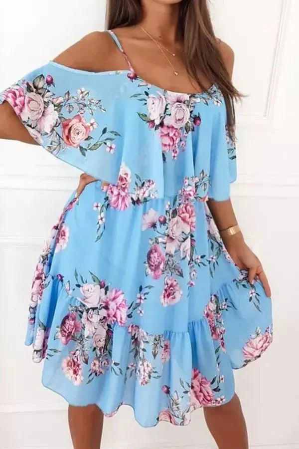 Floral print summer mini dress in orange, front view