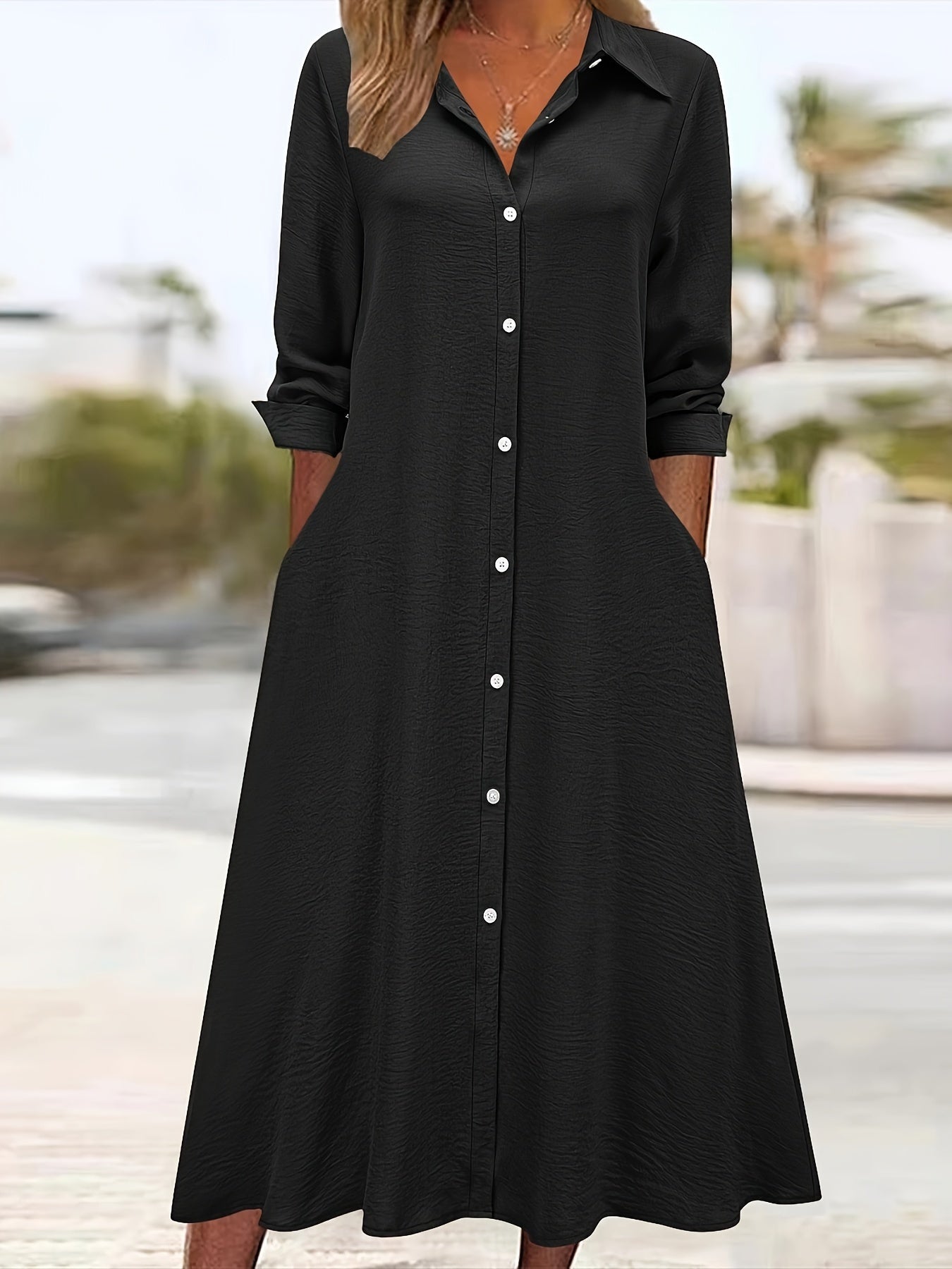 Long sleeve lapel button-front shirt dress | Alba Muse