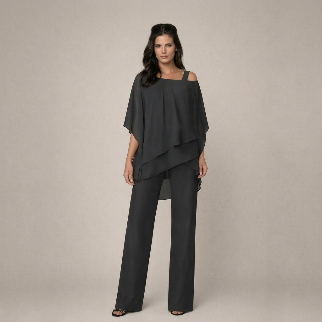 Off shoulder bardot top with wide leg trousers side view
