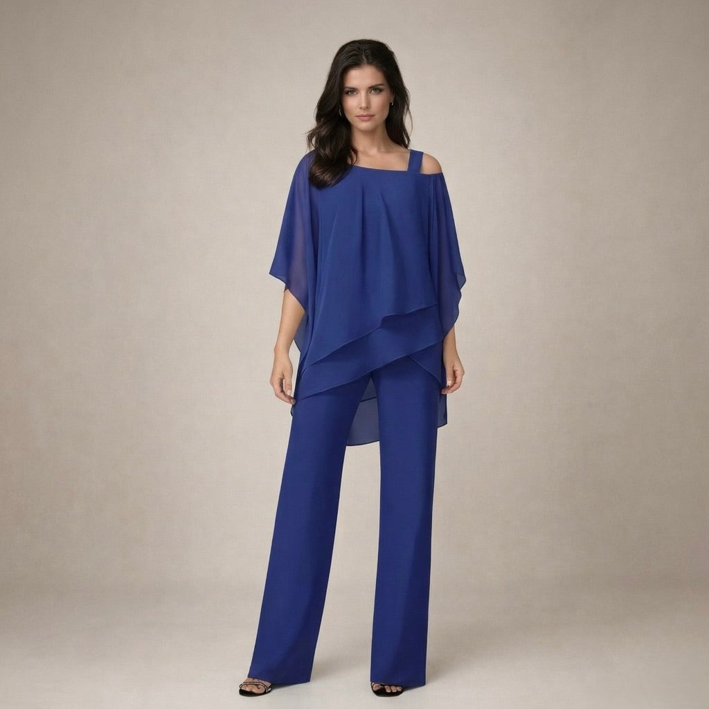 Wide leg pants set with asymmetric draping front view