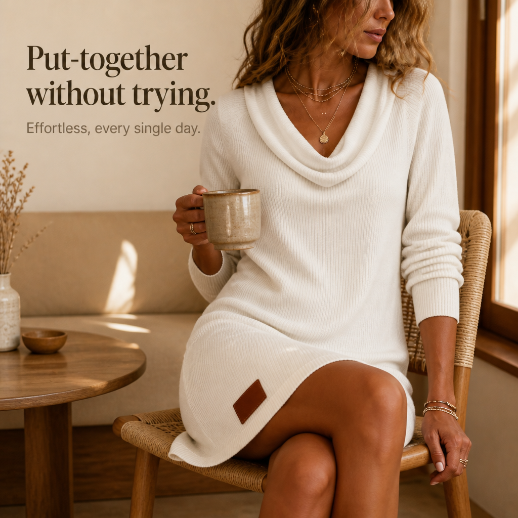 White Ribbed Knit Cowl Neck Mini Dress