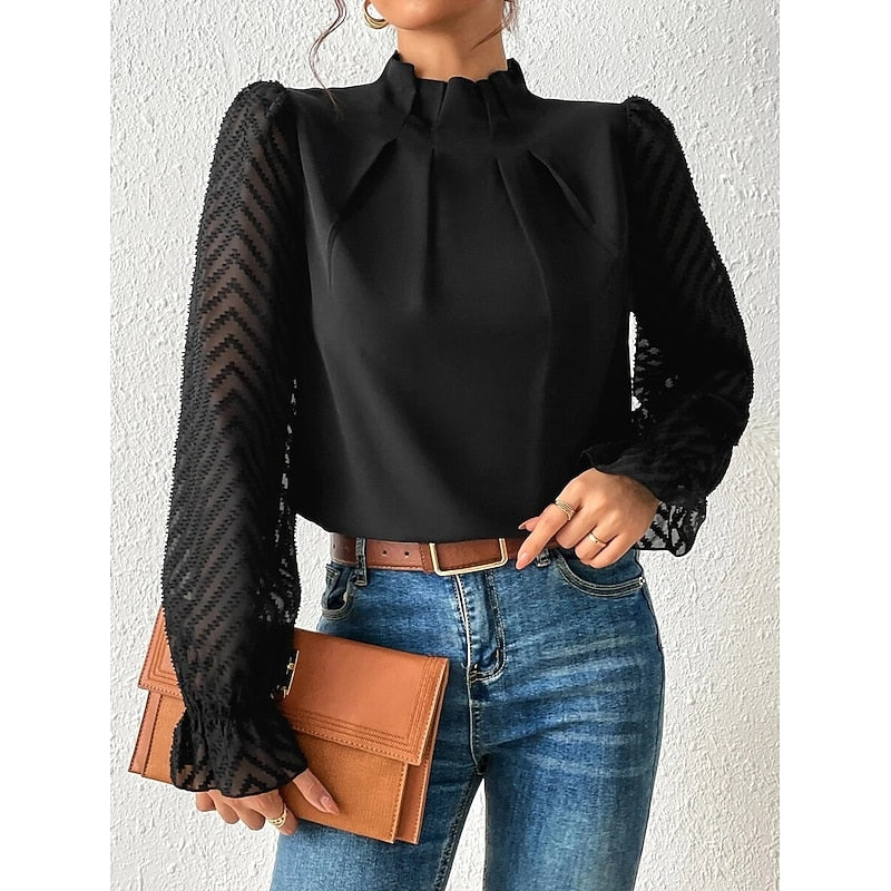 High-Neck Long Sleeve Blouse with Pleated Detail