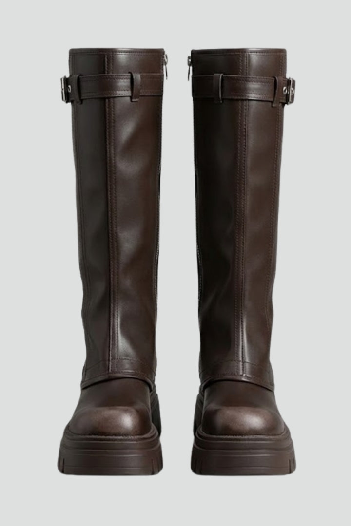 Brown high shaft platform round toe knee high boots, front view
