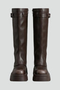 Brown high shaft platform round toe knee high boots, front view