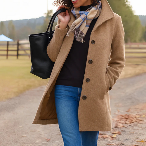 Khaki classic long button placket winter coat, front view