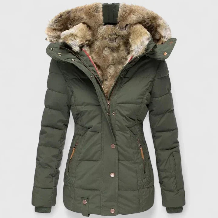 Beige classic adjustable hood winter coat, front view