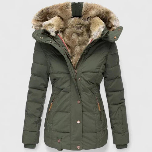 Beige classic adjustable hood winter coat, front view