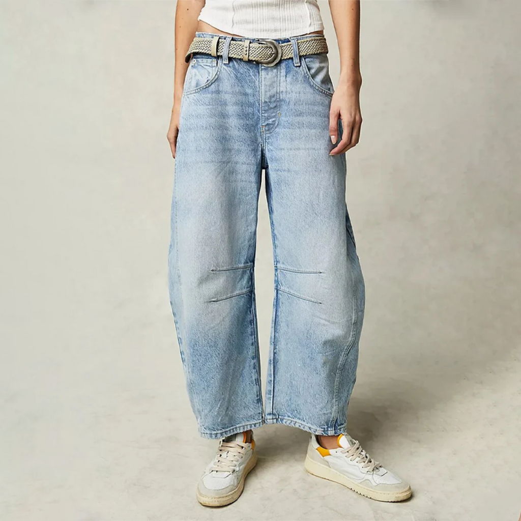 Light blue high-waist barrel leg relaxed jeans, front view
