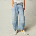 Light blue high-waist barrel leg relaxed jeans, front view