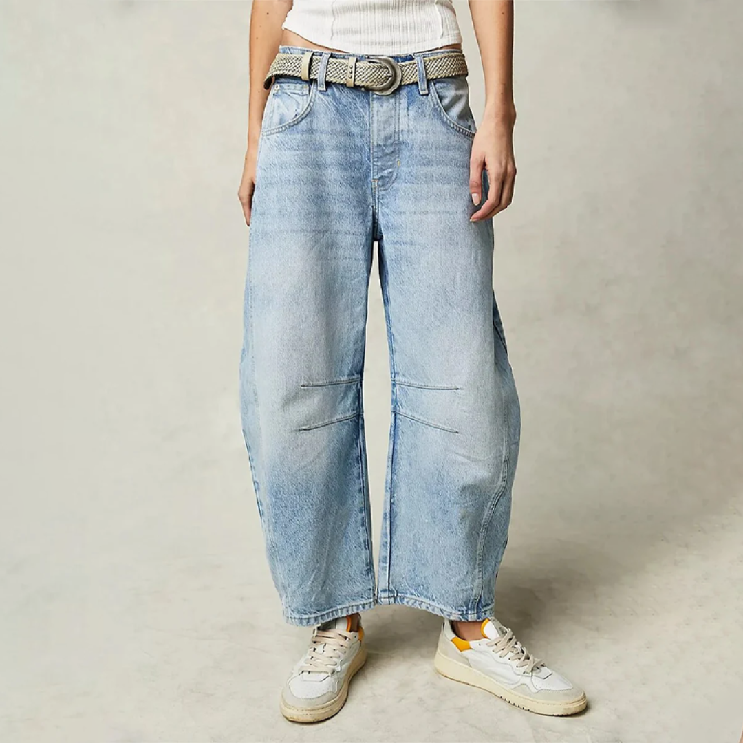 Light blue high-waist barrel leg relaxed jeans, front view