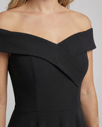 Women's off-shoulder evening dress, close-up of neckline and shoulder detail