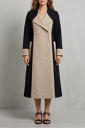 Black contrast panel double breasted longline wool coat, front view