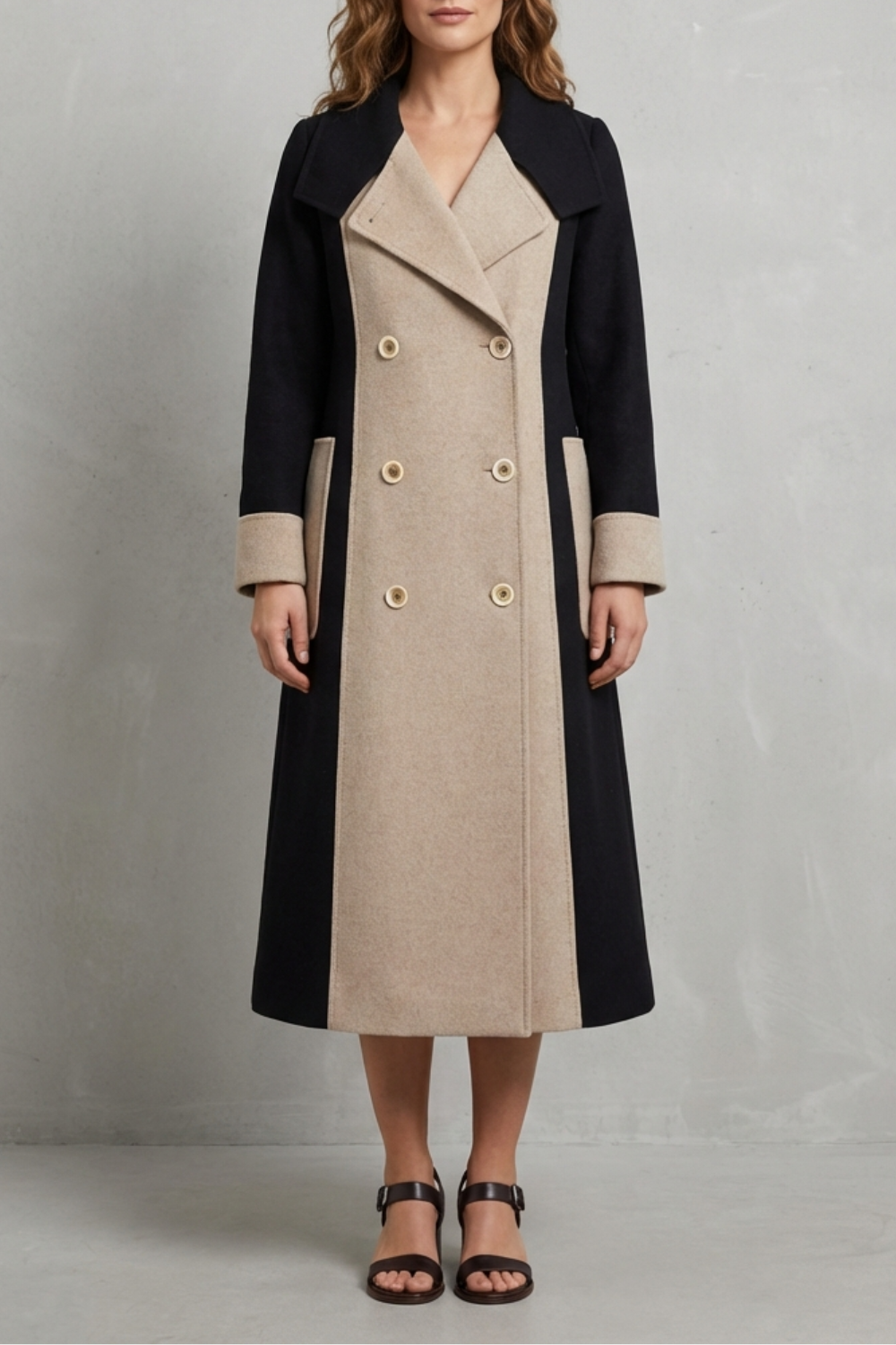 Black contrast panel double breasted longline wool coat, front view
