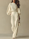 Beige ribbed knit wide-leg co-ord set, front view
