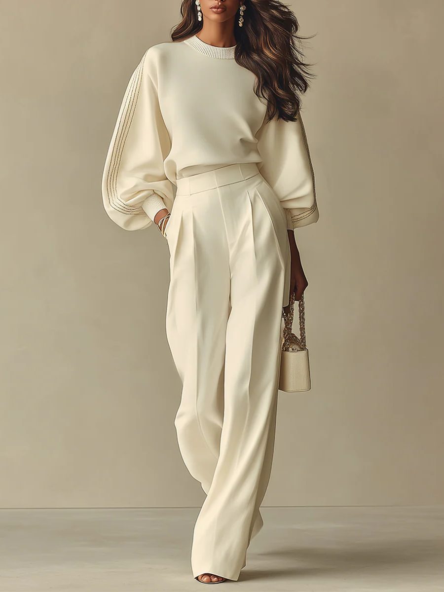 Beige ribbed knit wide-leg co-ord set, front view