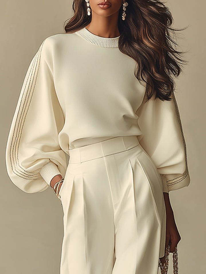 Ribbed Knit Co-Ord Set with Pleated Wide-Leg Trousers