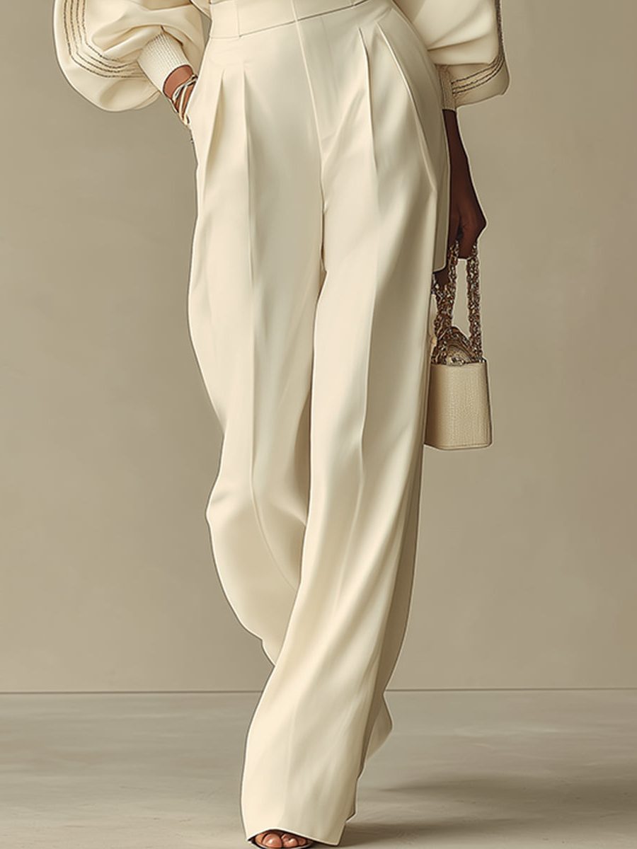Ribbed Knit Co-Ord Set with Pleated Wide-Leg Trousers