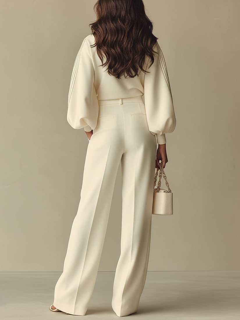 Ribbed Knit Co-Ord Set with Pleated Wide-Leg Trousers