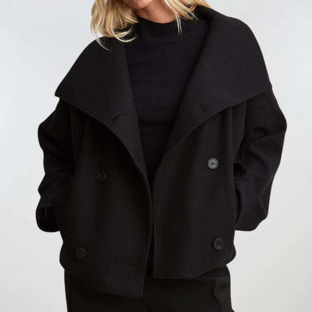 Beige cropped wide lapel double breasted textured coat, front view