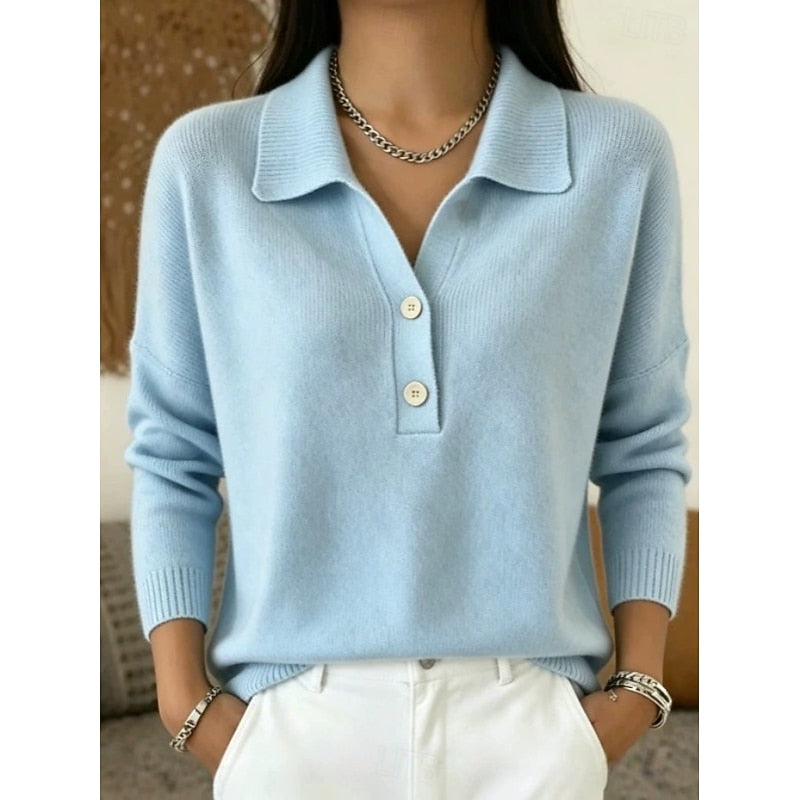 Blue refined collared button jumper, front view