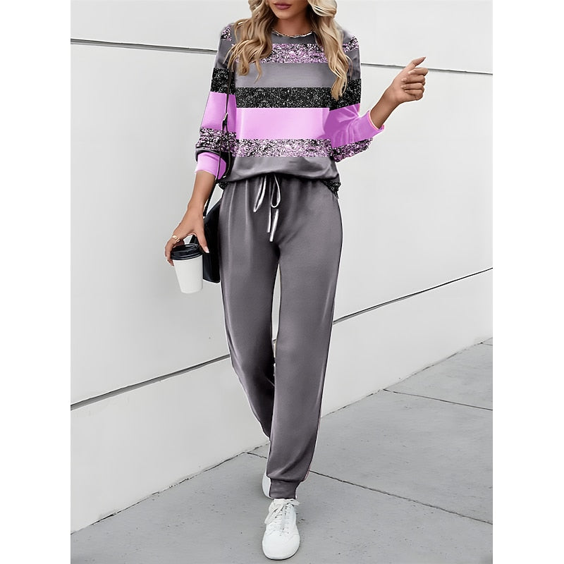 Purple colour block round-neck Co-Ord Set
