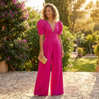 Pink wide leg puff sleeve jumpsuit for women – tailored fit