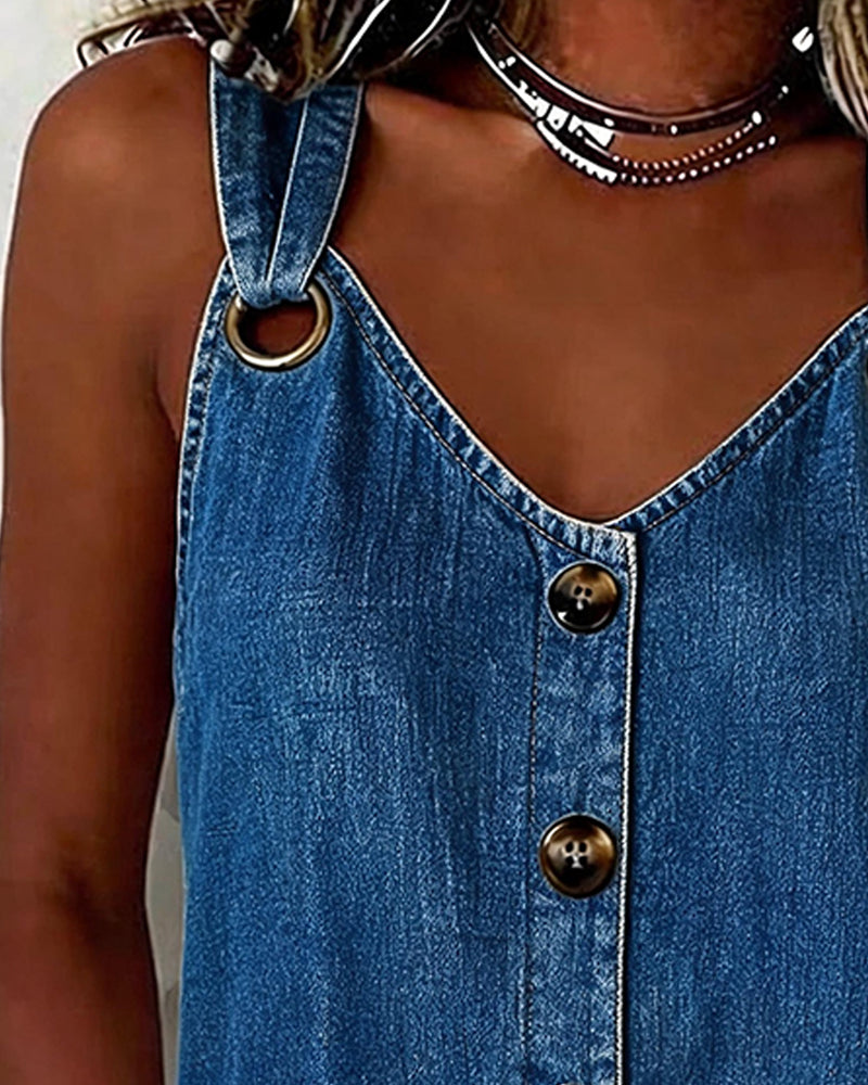 Denim vest top with metal buckle detail, back view