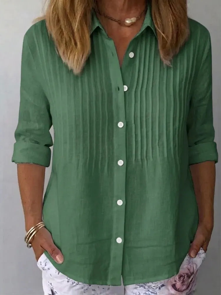 Casual pleated linen shirt, full-length model wearing casual outfit | Alba Muse