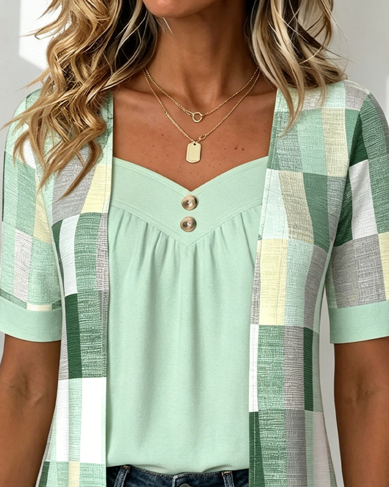 Geometric print faux two-piece top, back view