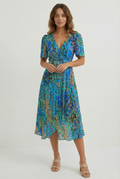 Women's floral linen midi dress with flowing silhouette, front view