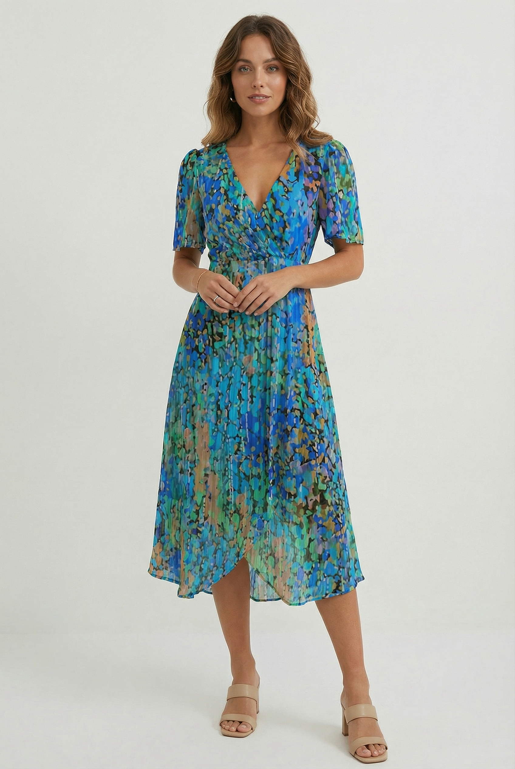 Women's Floral Linen Midi Dress - Elegant Fit