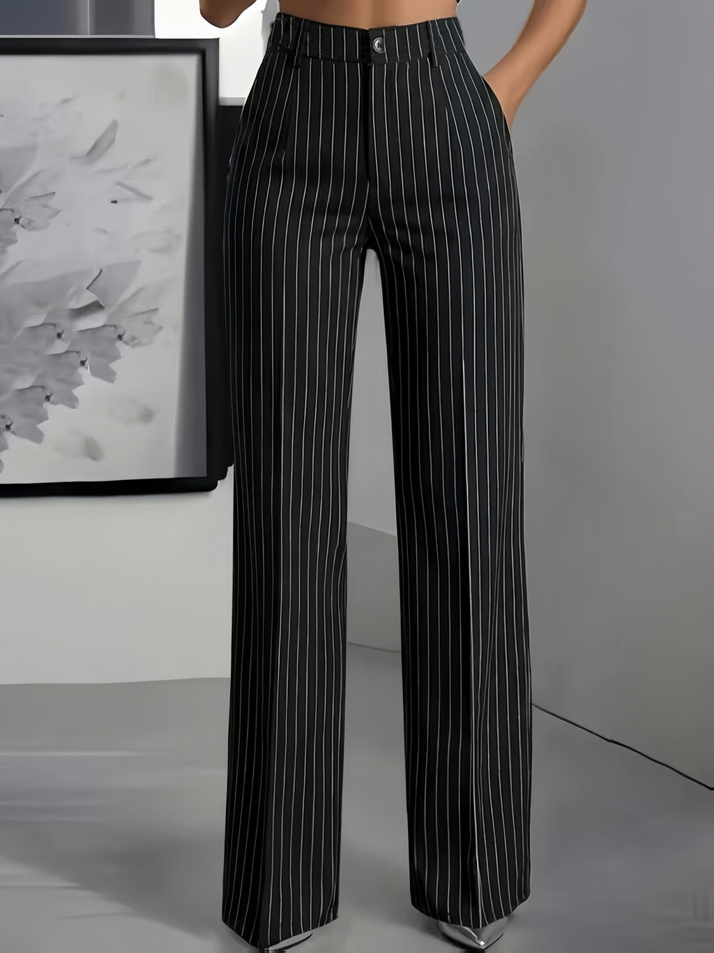 Black Striped Straight Leg Trousers/Pants, back view