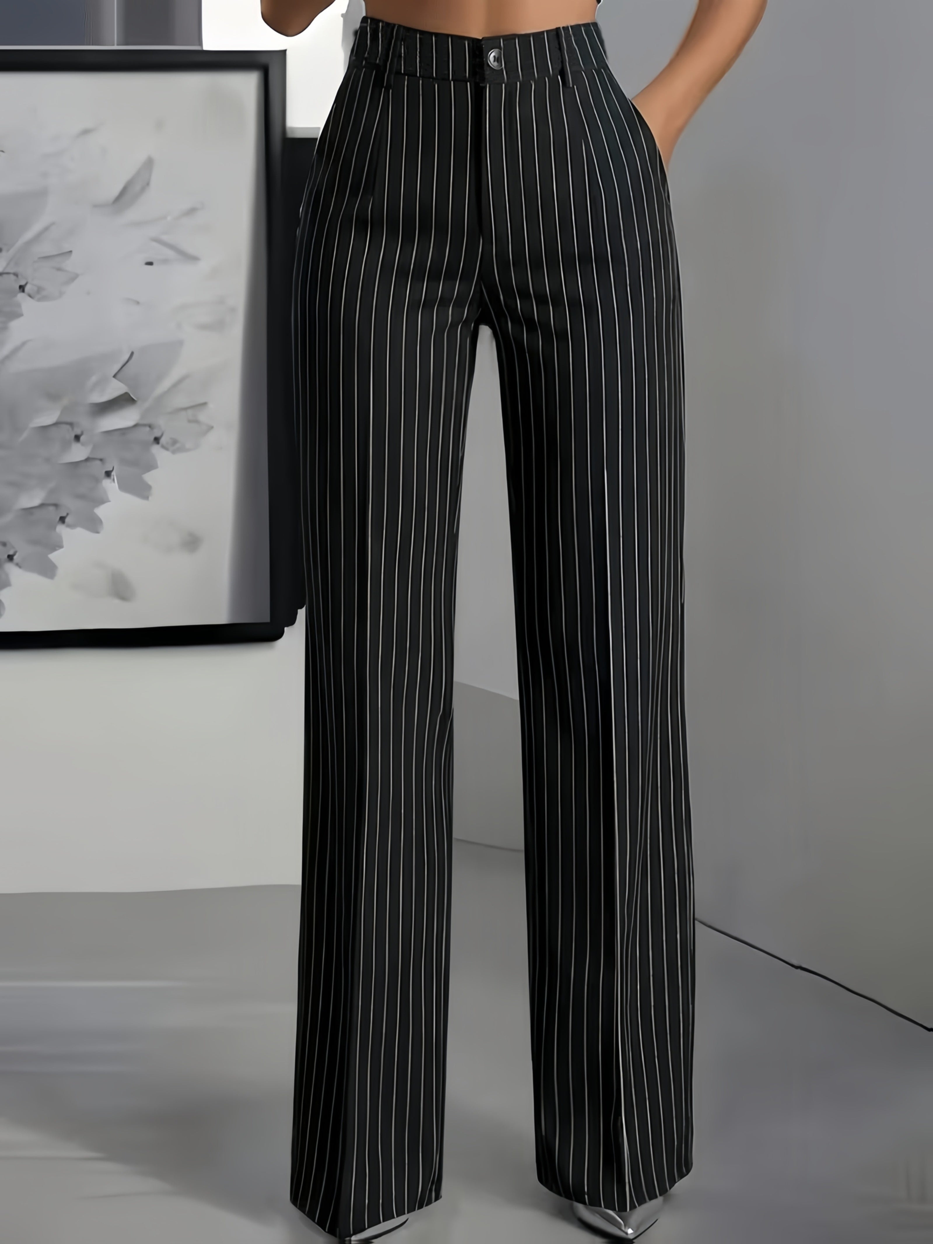 Black Striped Straight Leg Trousers/Pants, back view
