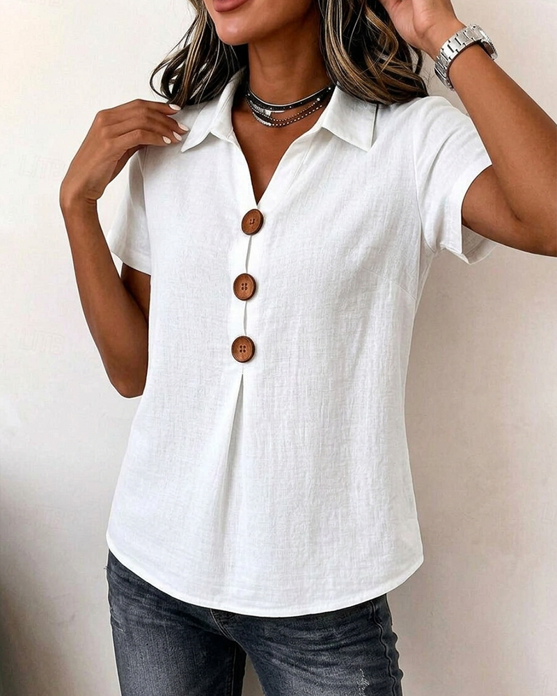 Lapel collar three-button blouse, side view